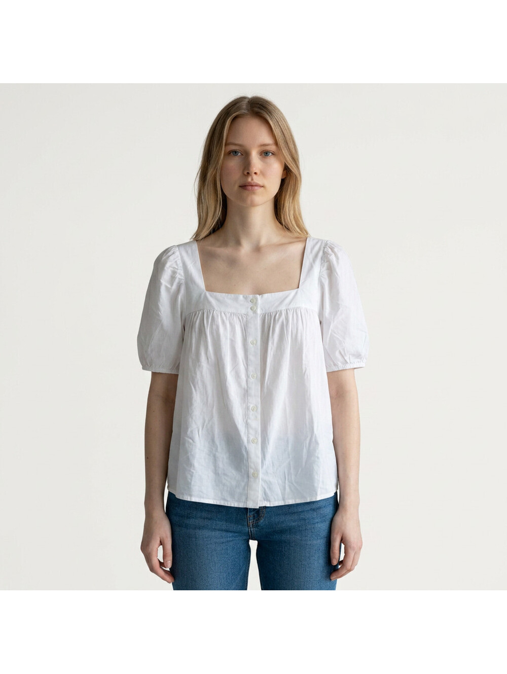 New Loft Top Women L Large White Button Up Short Sleeve Square Neck Cotton